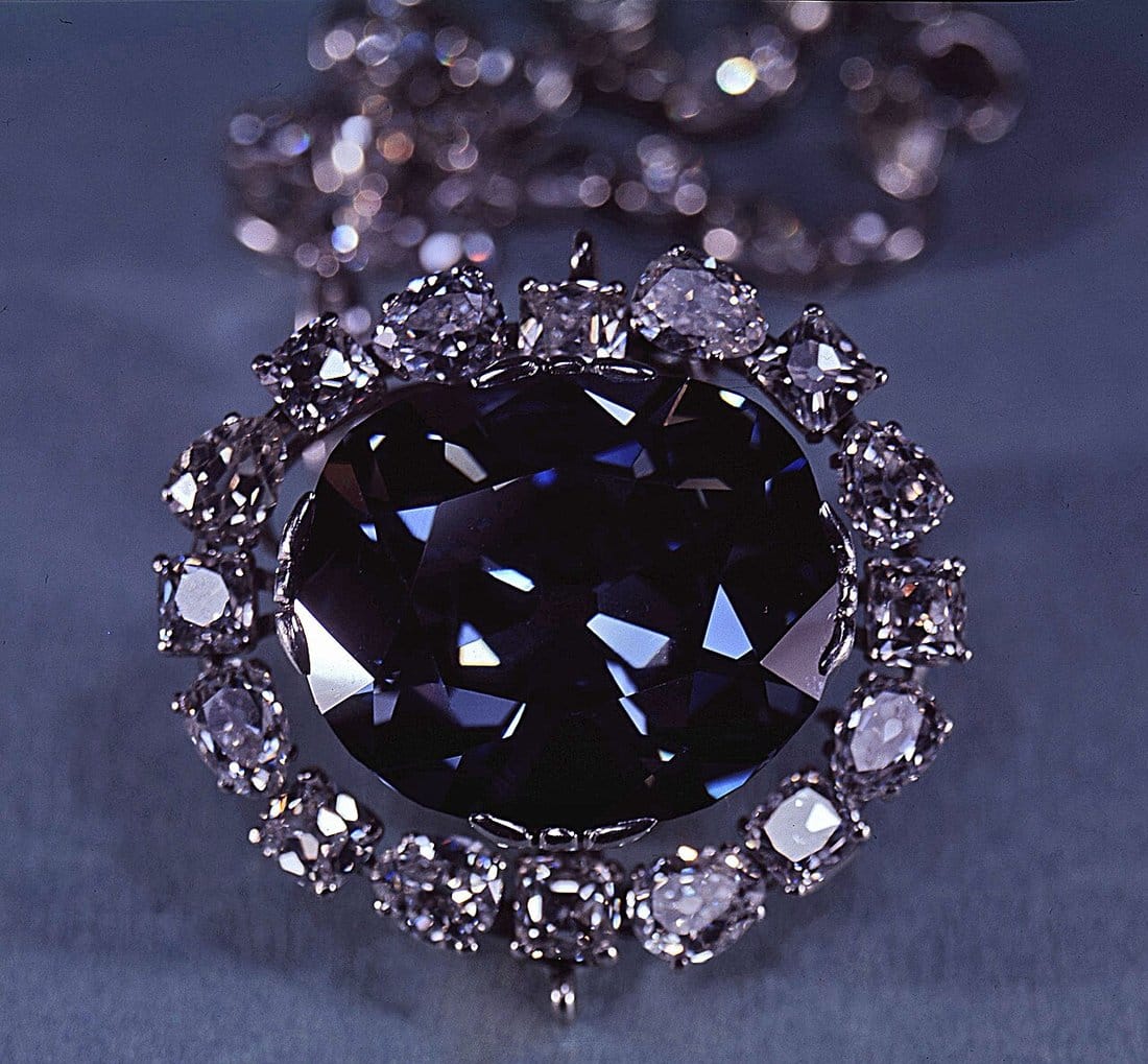 The Hope Diamond, a deep blue 45-carat diamond, photographed in its setting at the Smithsonian Institution