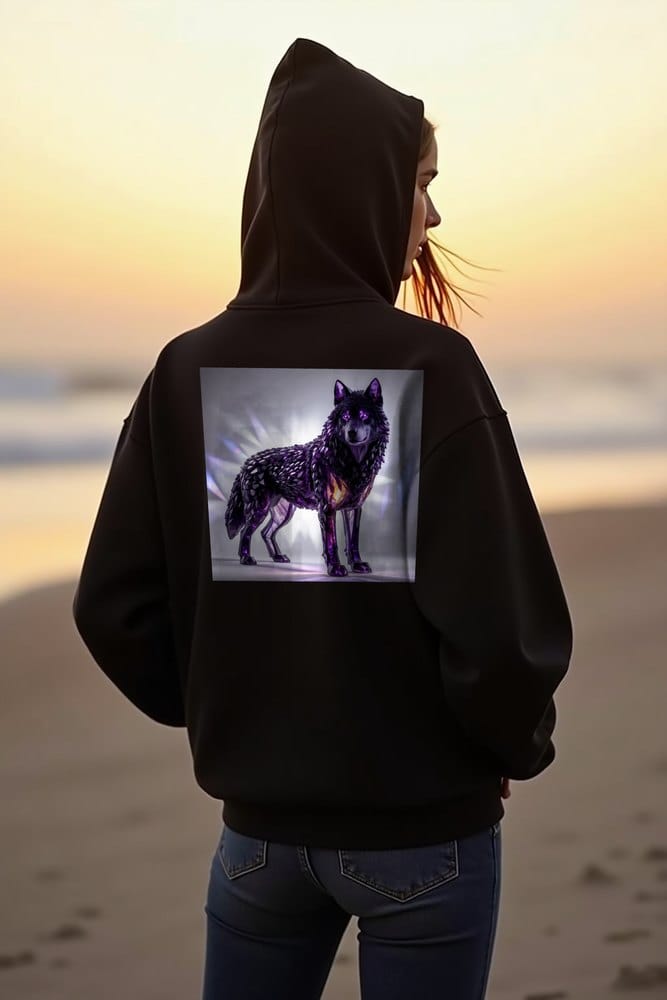 Hoodie with amethyst wolf crystal artwork printed on the back, worn three-quarter view