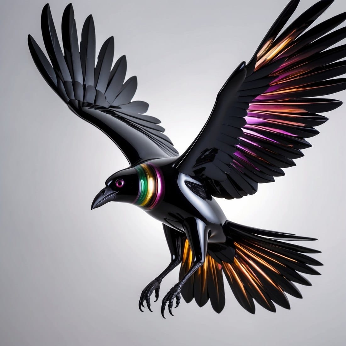 Digital artwork of a raven in flight rendered in black obsidian and tourmaline crystal with violet light refractions