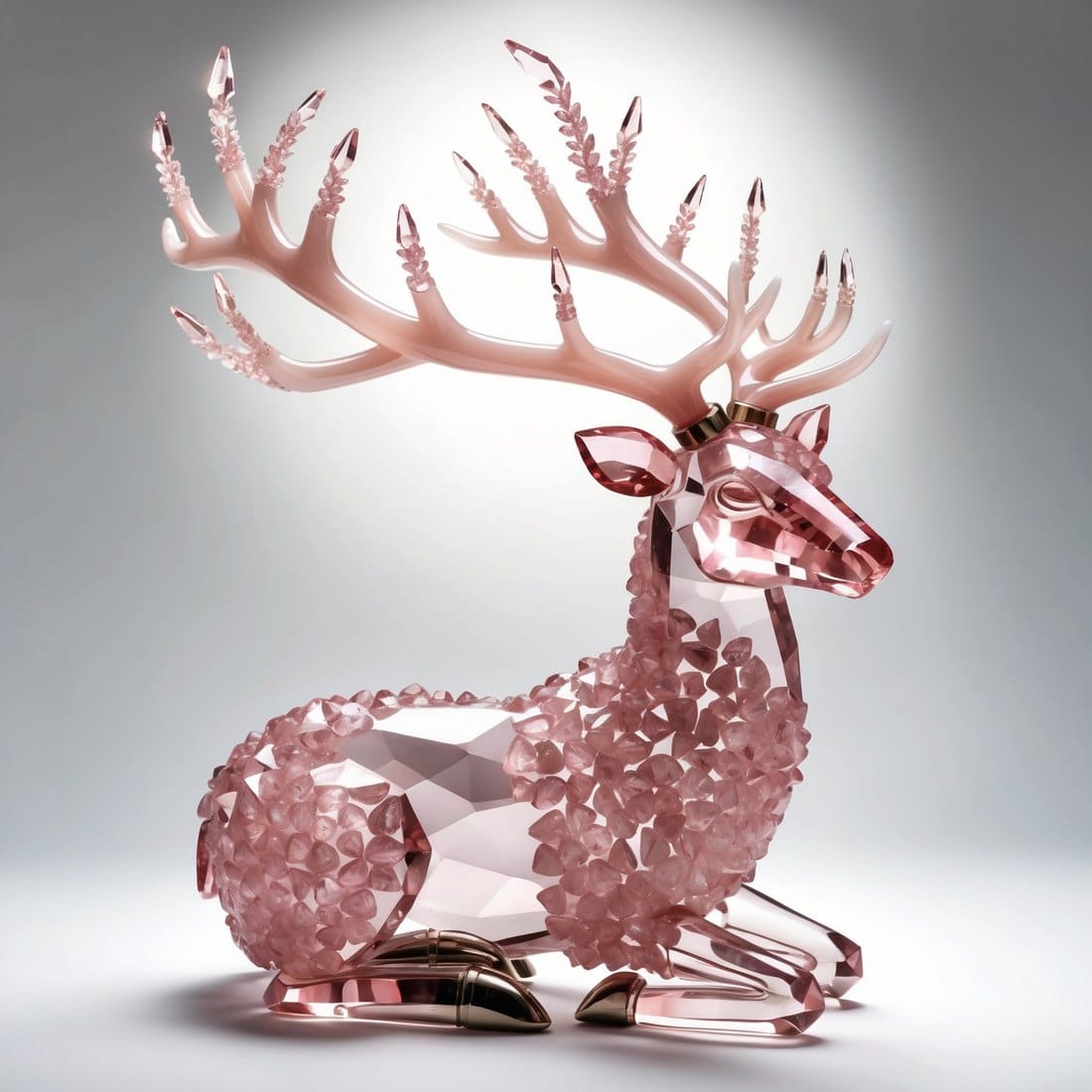 Digital artwork of a stag with antlers formed from pink rose quartz crystal formations glowing with inner light