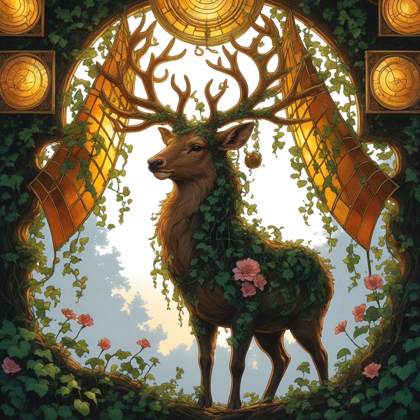Solarpunk illustration of a stag with antlers made of golden stained-glass solar sails and climbing ivy