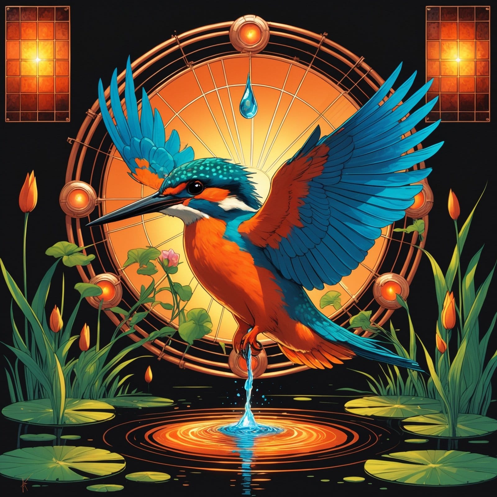 Solarpunk kingfisher diving with wings fanned into copper wind-turbine feathers