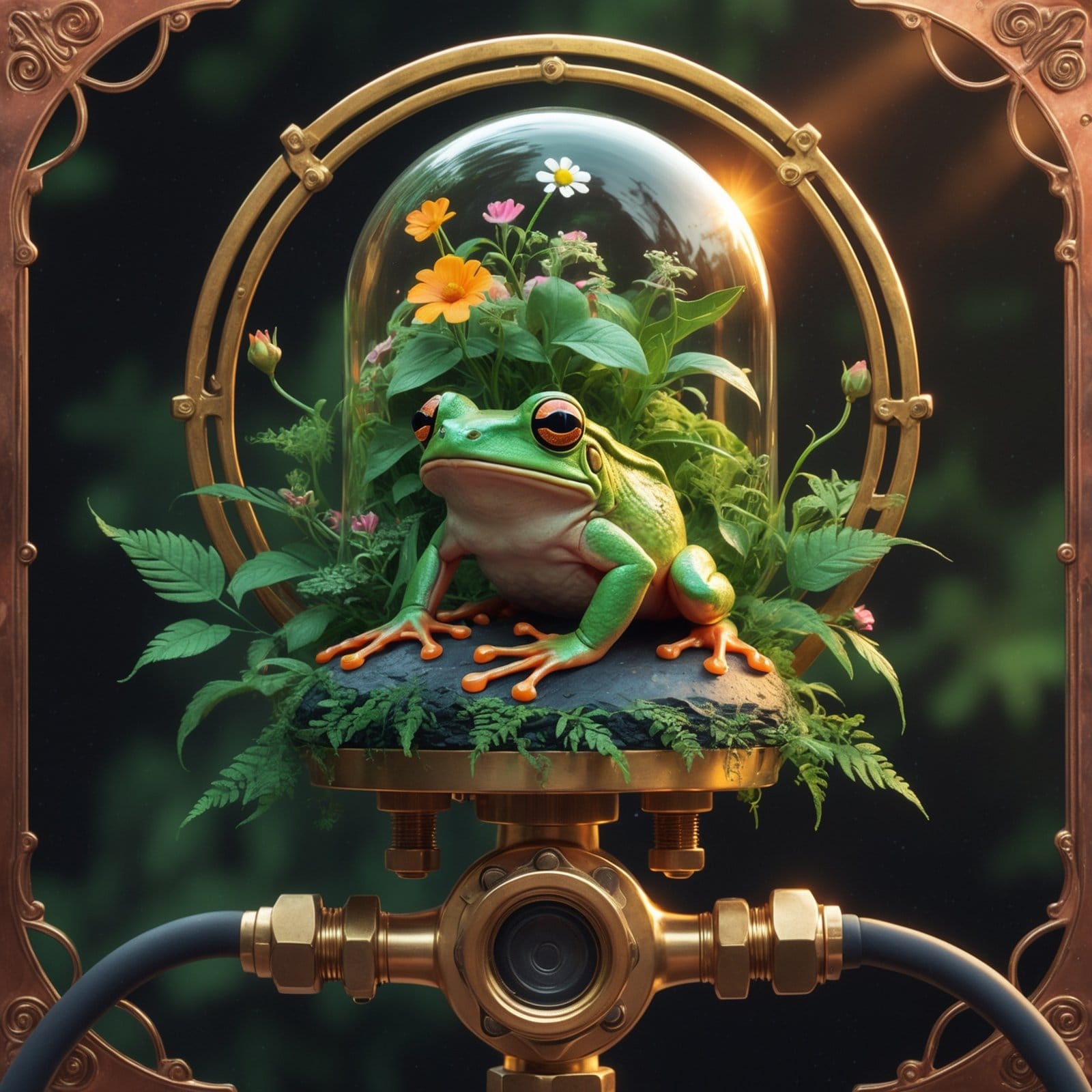 Solarpunk tree frog with a small domed glass greenhouse growing from its back