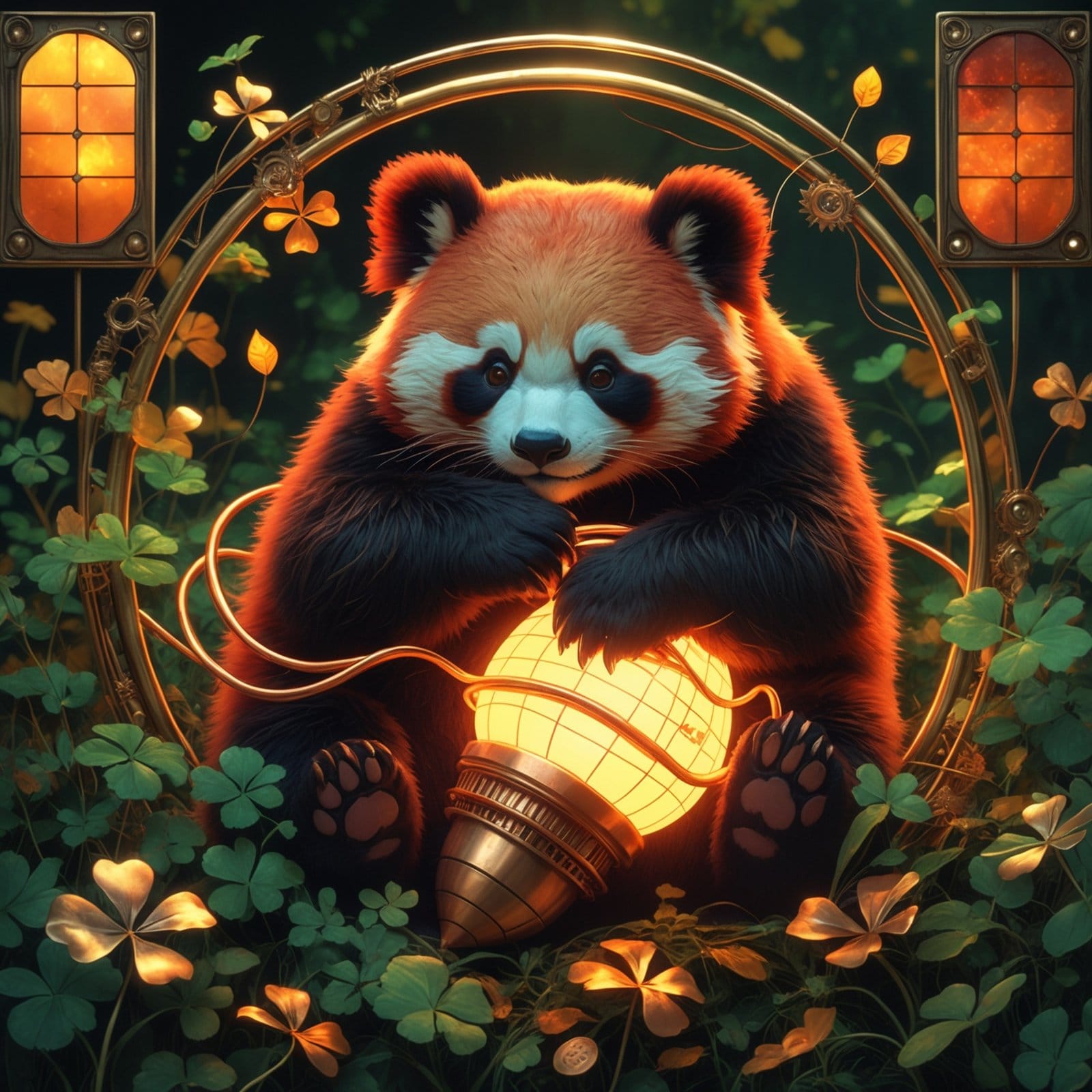 Solarpunk red panda illustration with solar-collector elements and botanical framing