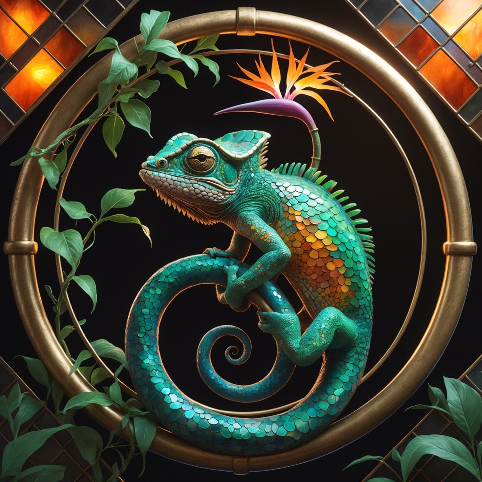 Solarpunk chameleon rendered as an Art Nouveau stained-glass panel with leaded glass scales