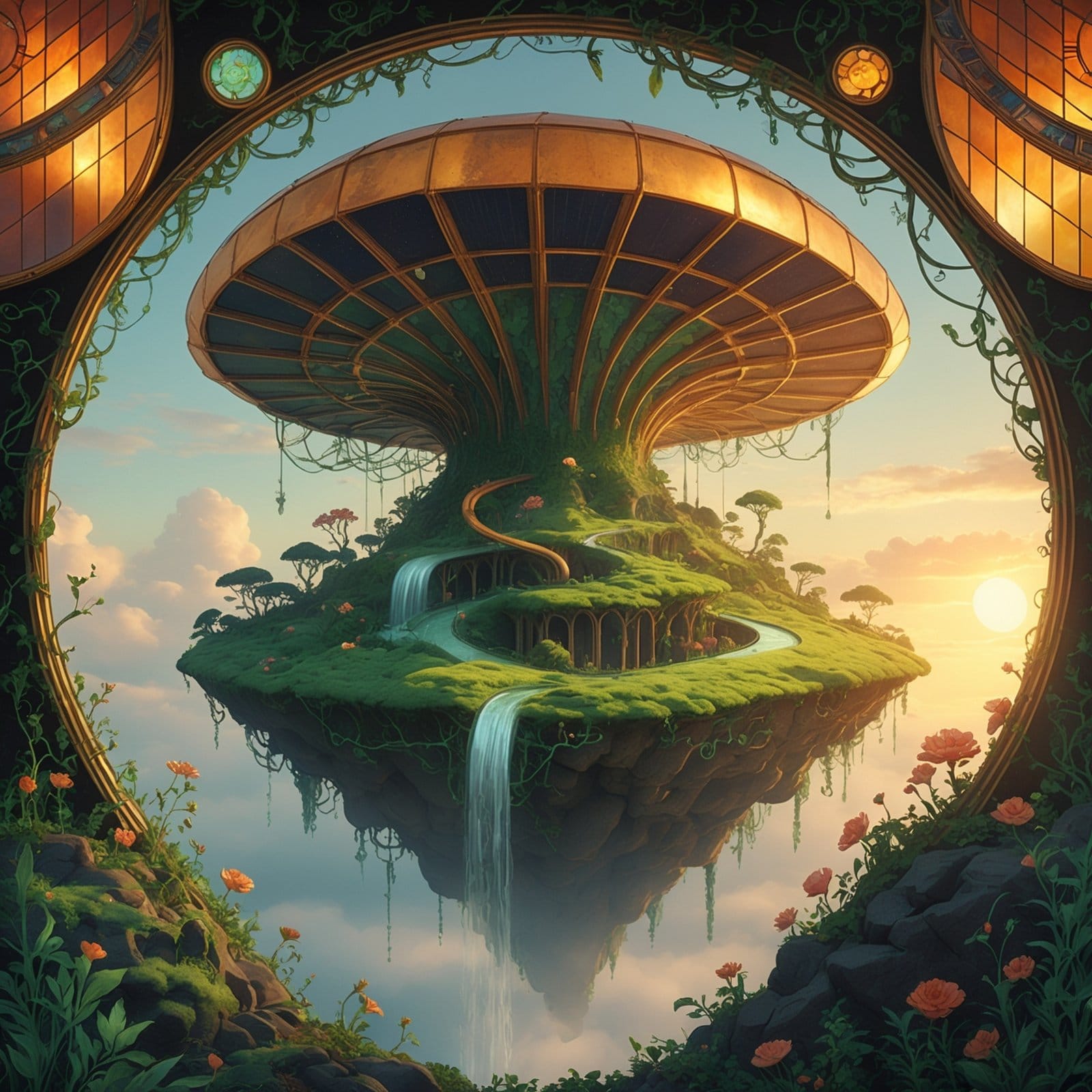 Solarpunk floating citadel built from coral-like architecture, greenery, and solar structures