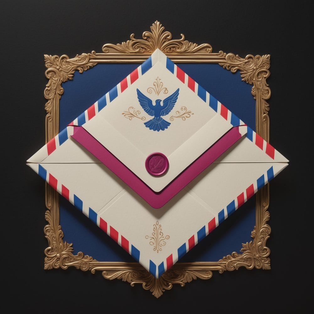 Vintage air-mail envelope with a perforated border, an engraved emblem of the snail-mail revival driving poetcore