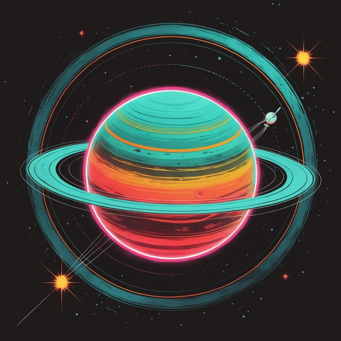 Retro pulp illustration of a ringed planet in saturated teal and coral, in the style of mid-century science fiction paperback covers