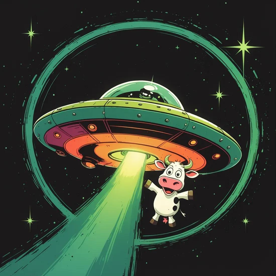 Retro pulp illustration of a flying saucer lifting a cow in a green tractor beam against a starfield