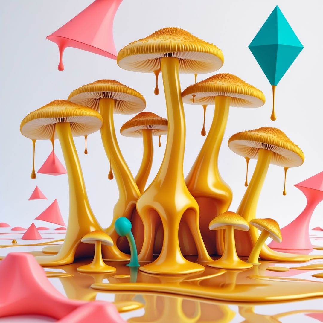 Surreal digital illustration of golden chanterelle mushrooms melting into a soft pink dreamscape