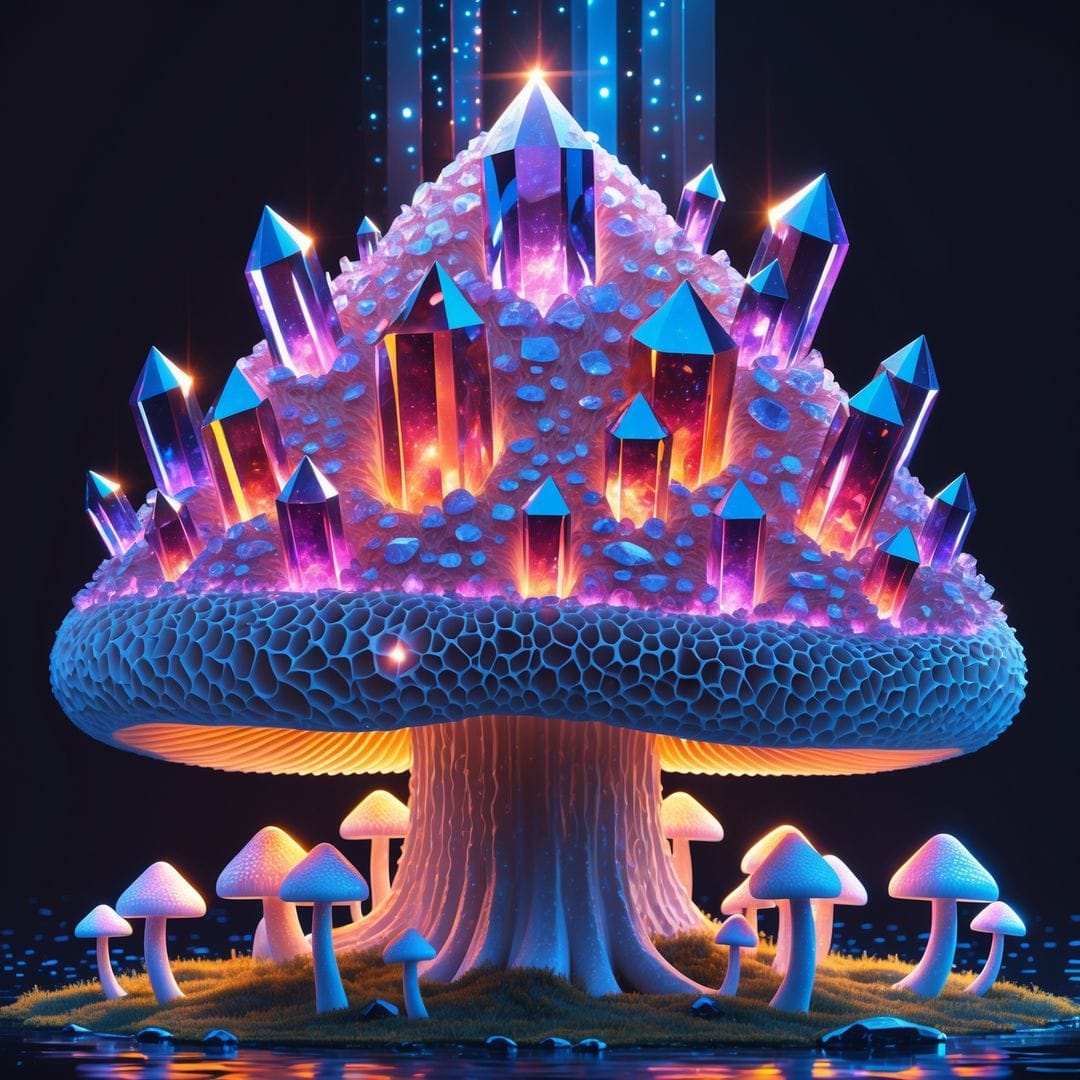 Ornate digital illustration of a mushroom cap encrusted with amethyst crystals like a small cathedral