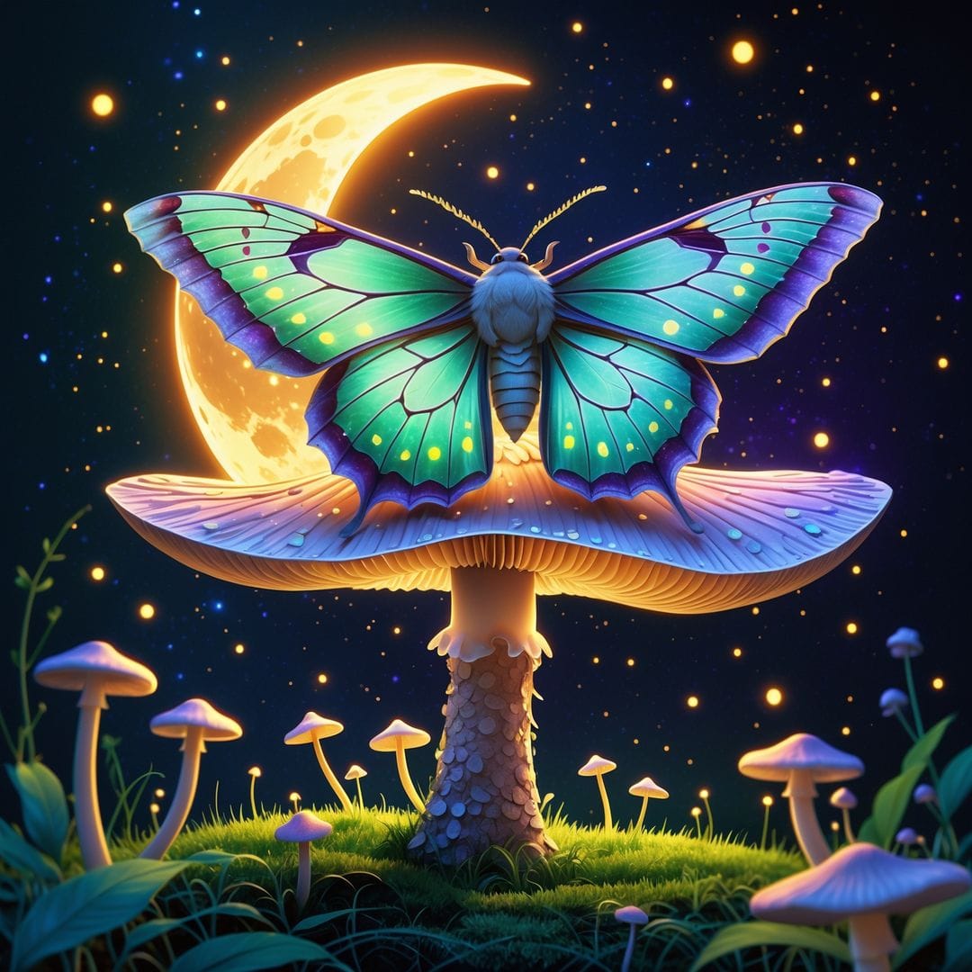 Luminous green moth resting on a glowing mushroom beneath a crescent moon in a dark forest