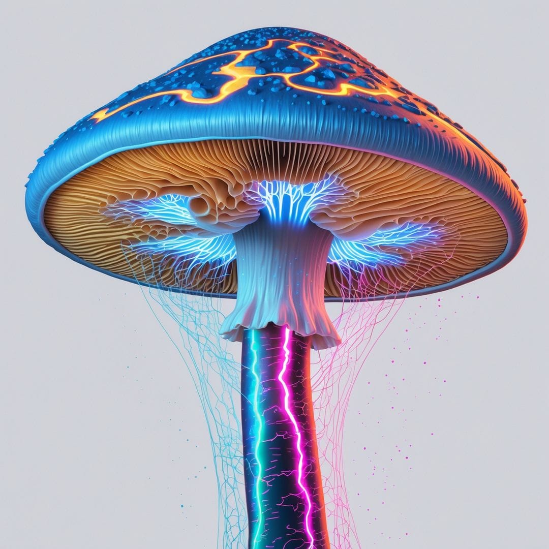 Bioluminescent digital artwork of a large glowing mushroom with branching root-like mycelium threads spreading below it