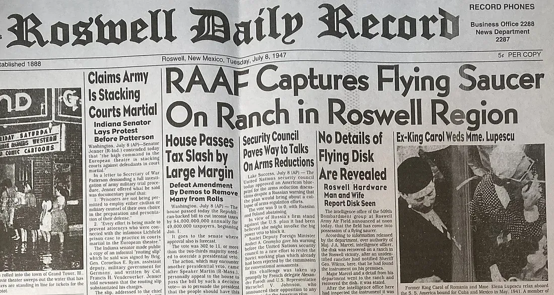 Front page of the Roswell Daily Record, July 8, 1947, announcing the capture of a flying saucer on a ranch in the Roswell region