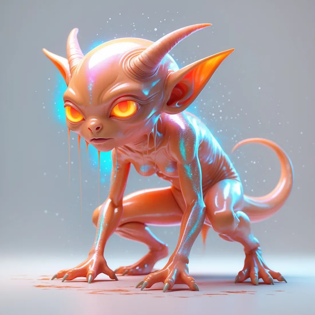 Illustration of a large-headed pale creature with luminous orange eyes, inspired by the 1977 Dover Demon sightings in Massachusetts