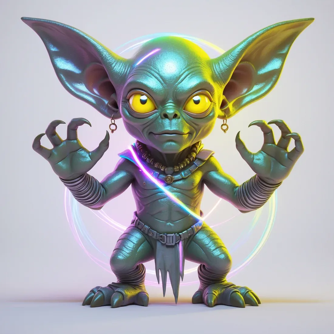 Illustration of a small large-eared humanoid entity with glowing gold eyes, inspired by the 1955 Kelly-Hopkinsville encounter