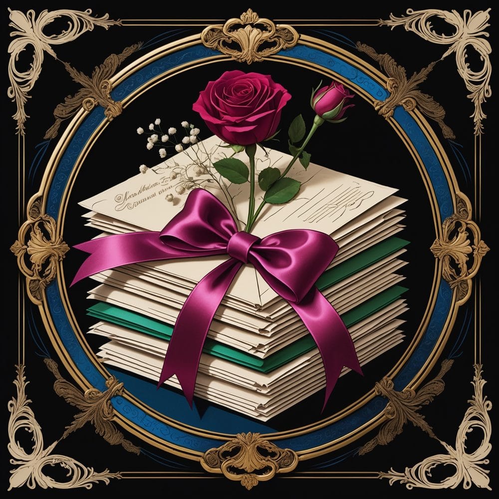 Illustrated bundle of tied love letters, an engraved emblem representing the correspondence side of poetcore