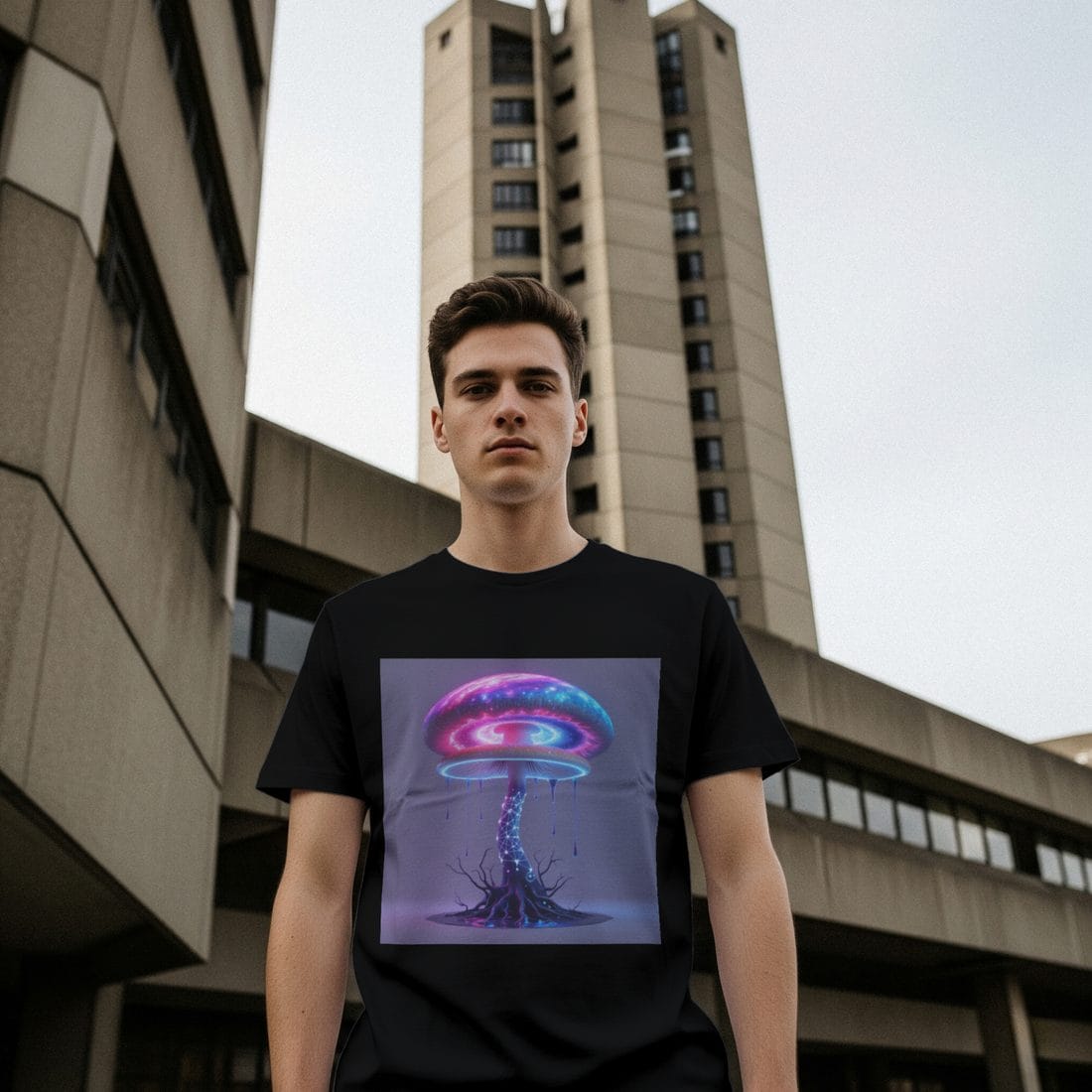 Model wearing a black t-shirt printed with a luminous cosmic mushroom portal design from the Spore Odyssey collection
