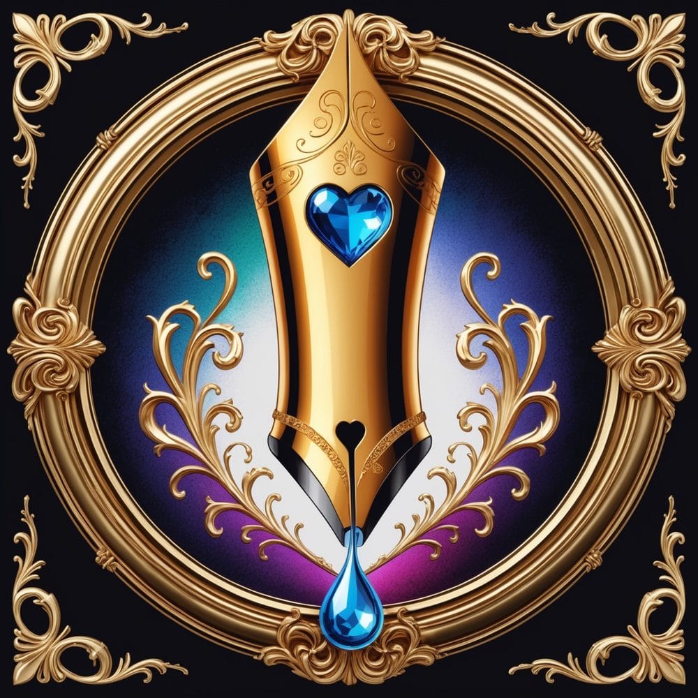 Gold fountain pen nib rendered as an engraved emblem, the signature accessory of poetcore styling