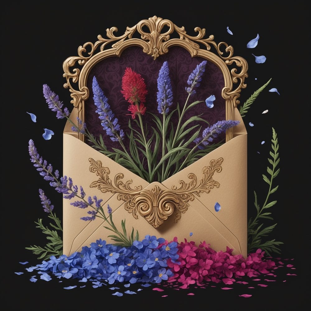 Pressed-flower envelope emblem blending dried botanicals and correspondence, a core poetcore motif