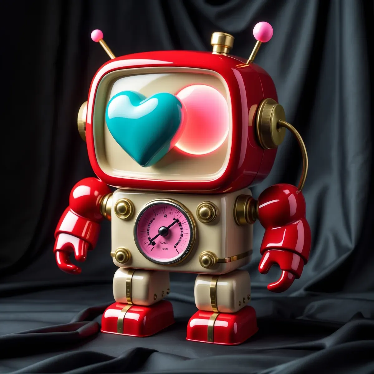 Retro tin-toy style robot character rendered in glossy cherry red and cream enamel with a turquoise visor