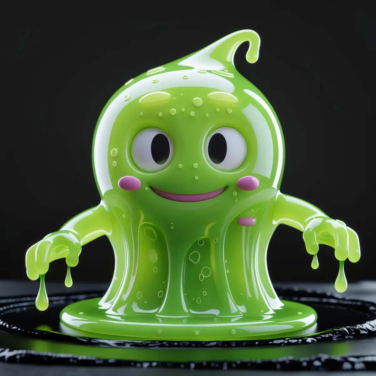 Translucent neon green slime character with a glossy wet jelly body, air bubbles suspended inside, and a cheeky grin