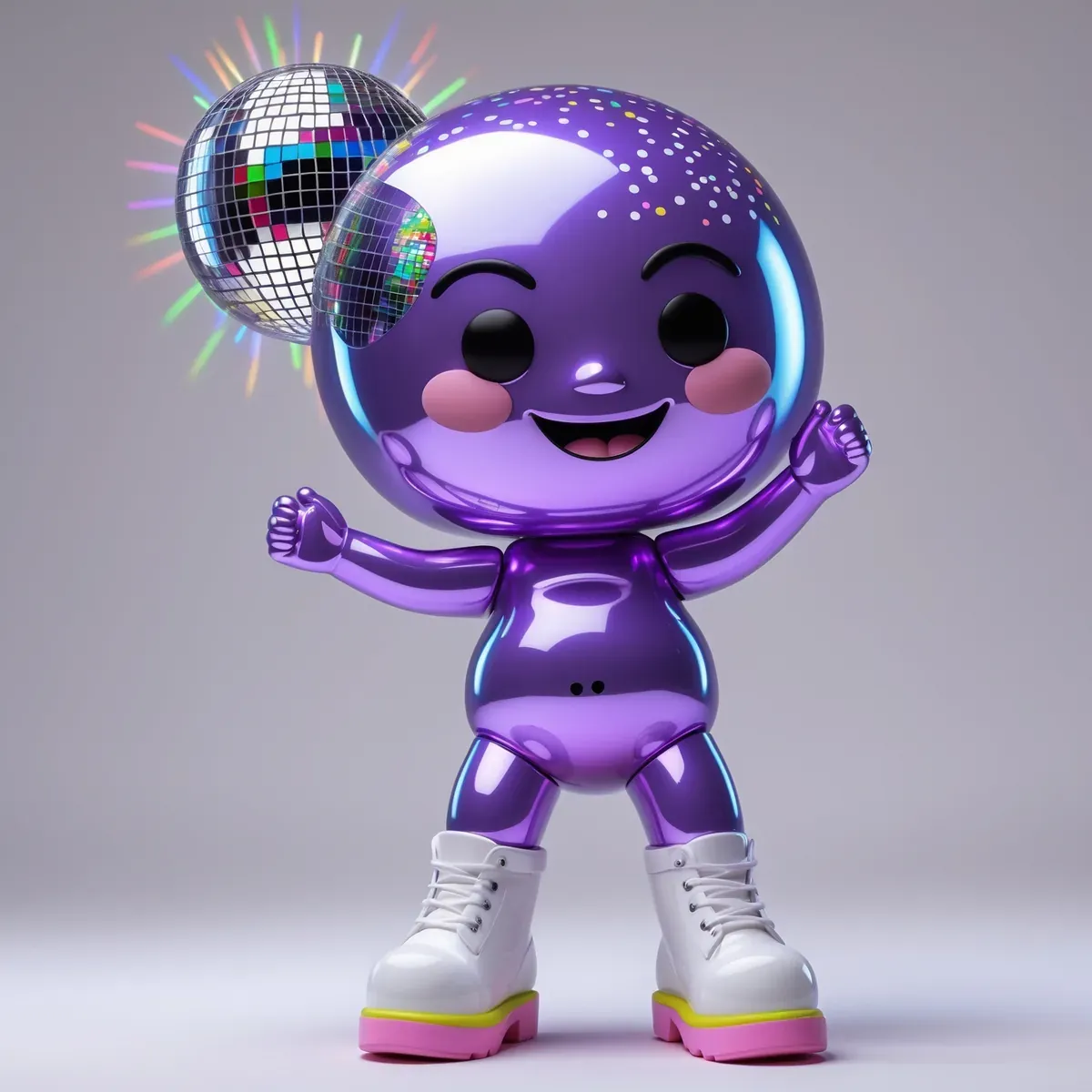 Art toy character with a reflective mirror-ball disco head scattering rainbow light dots on a glossy candy purple body