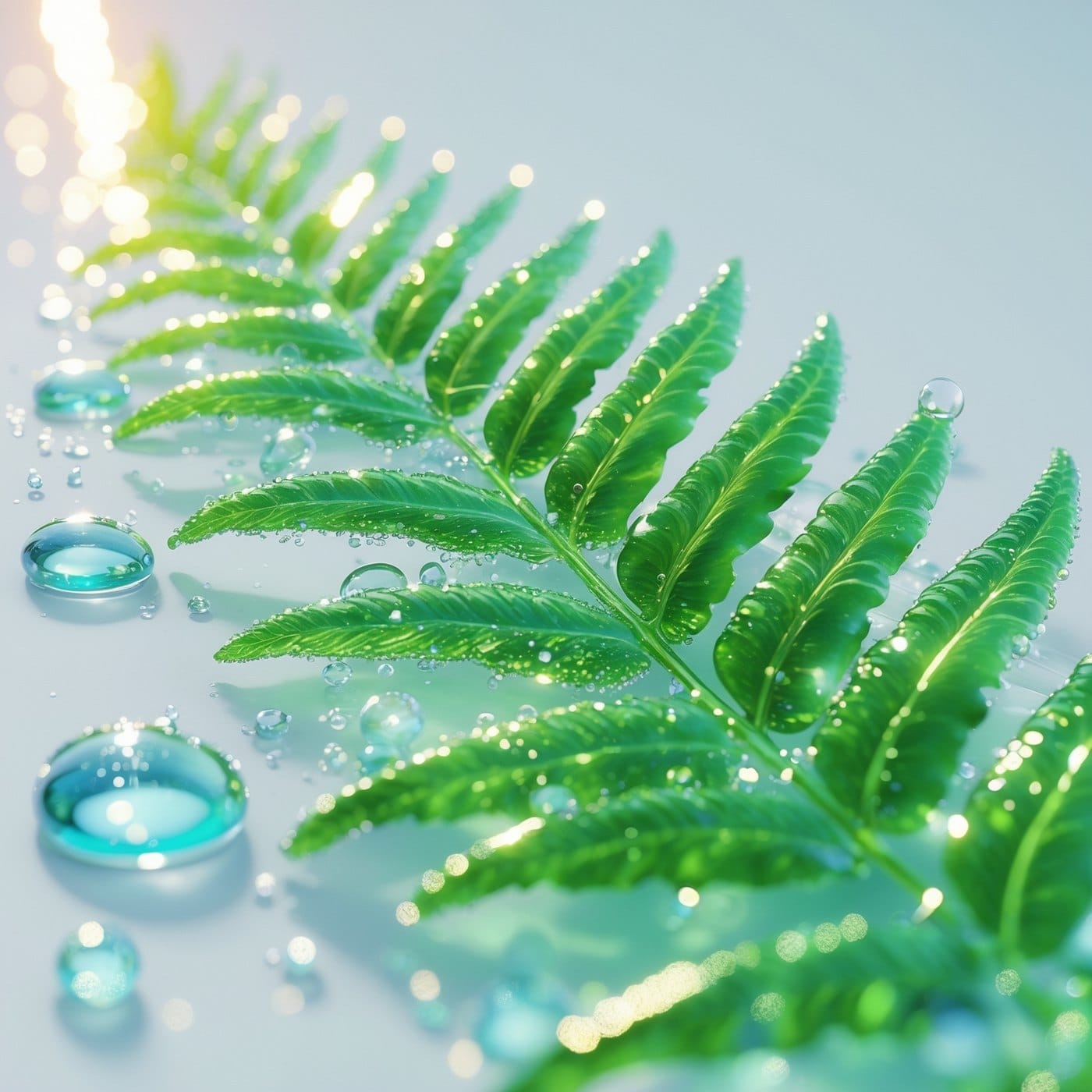 Bright green fern frond covered in glossy water droplets against a soft blue-white background