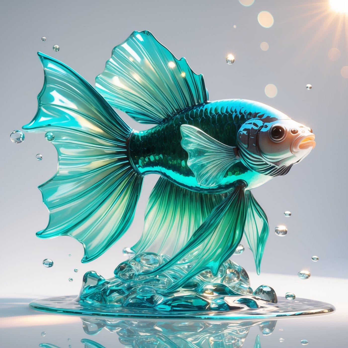 Sculptural glass betta fish rendered in clear aqua with sharp reflections and water droplets