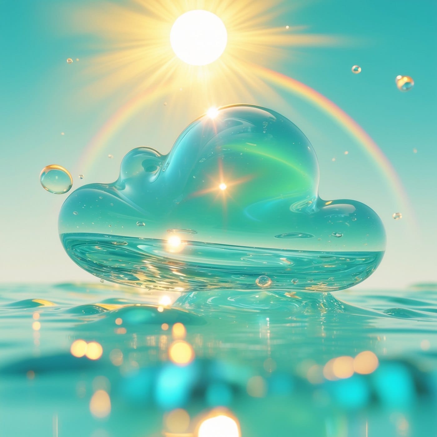 Translucent glass cloud floating over calm water with a bright sun flare and faint rainbow