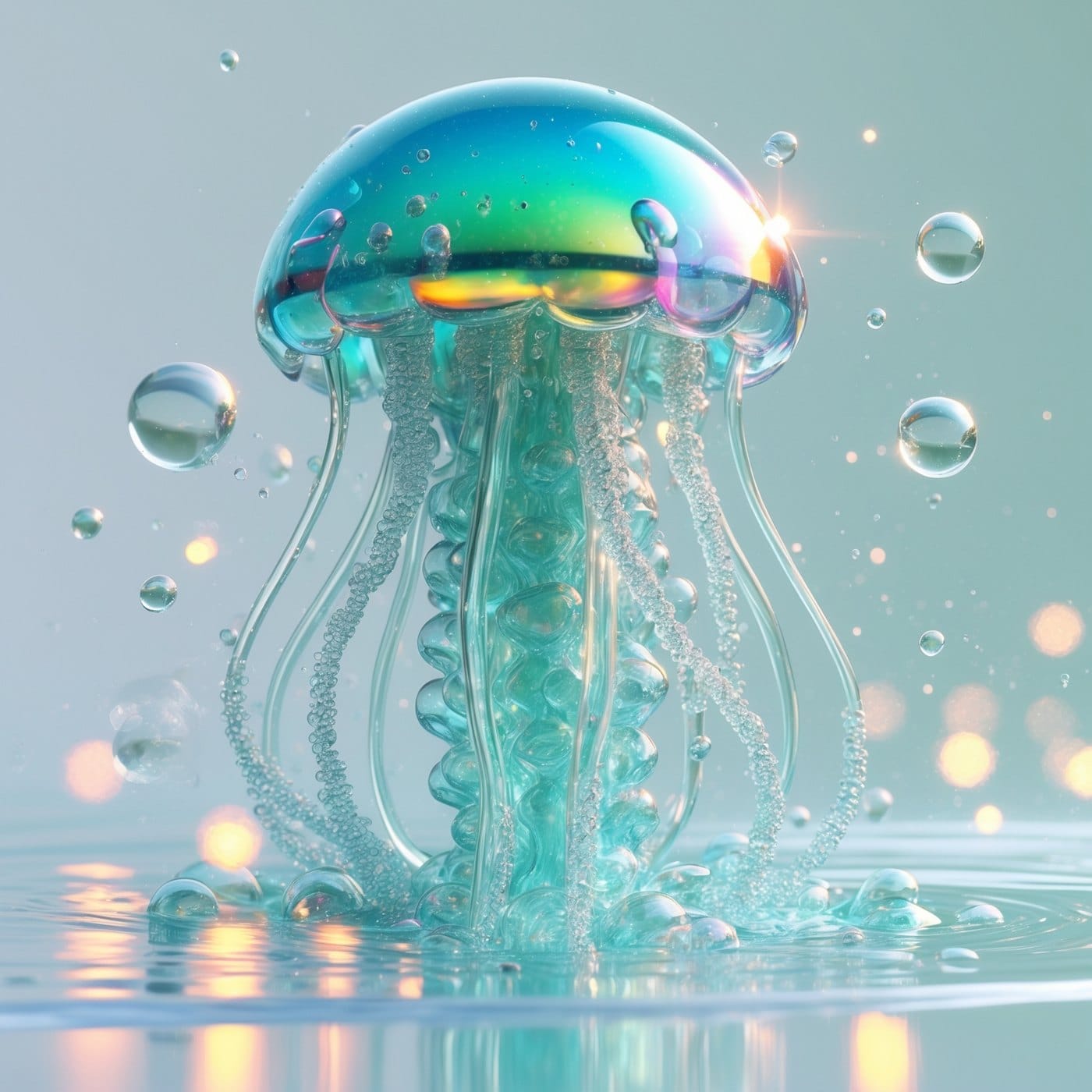 Translucent glass jellyfish render with iridescent dome and floating water droplets