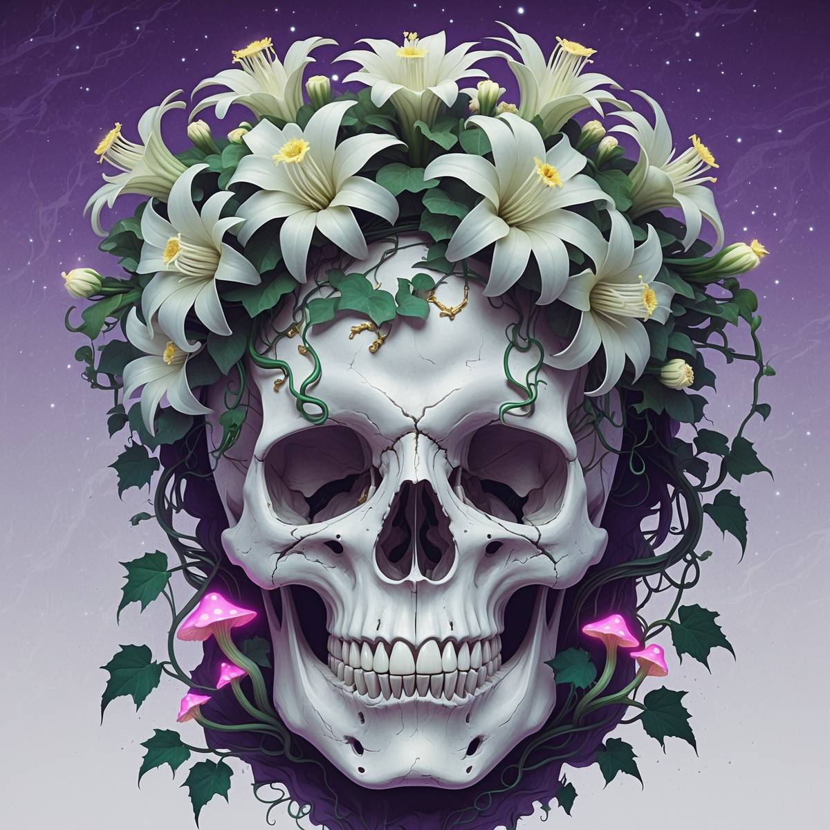 Skull crowned with white datura blooms and trailing vines against a deep violet ground