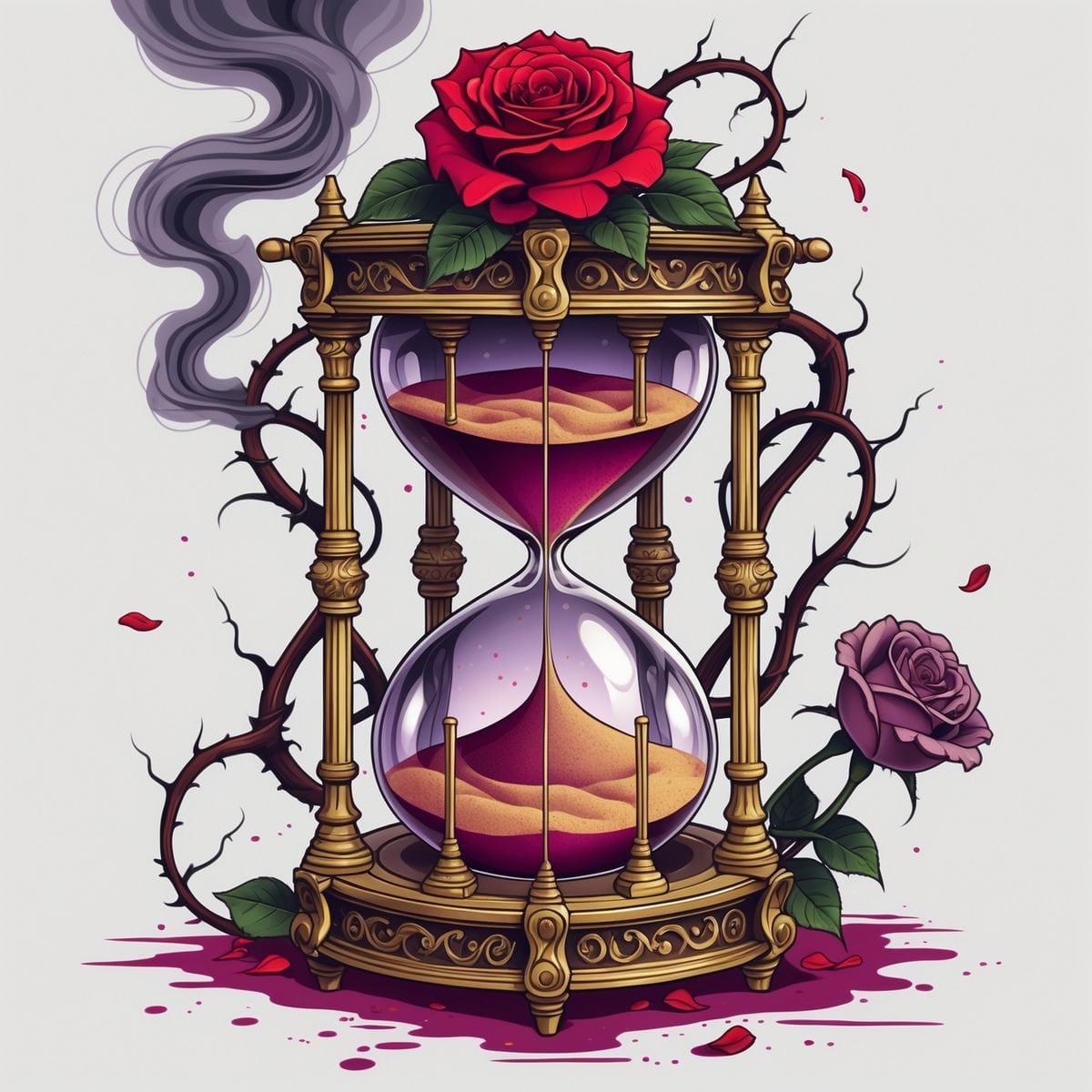 Ornate golden hourglass with a red rose and thorned branches, wilting roses at the base