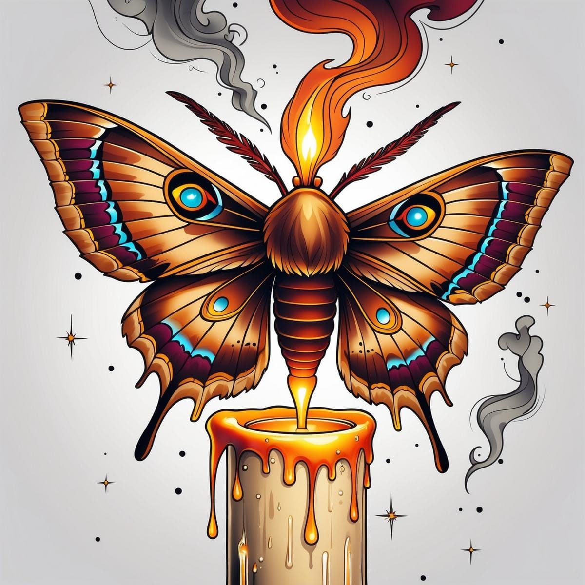 Illustrated moth with patterned wings perched above a burning candle, traditional tattoo style