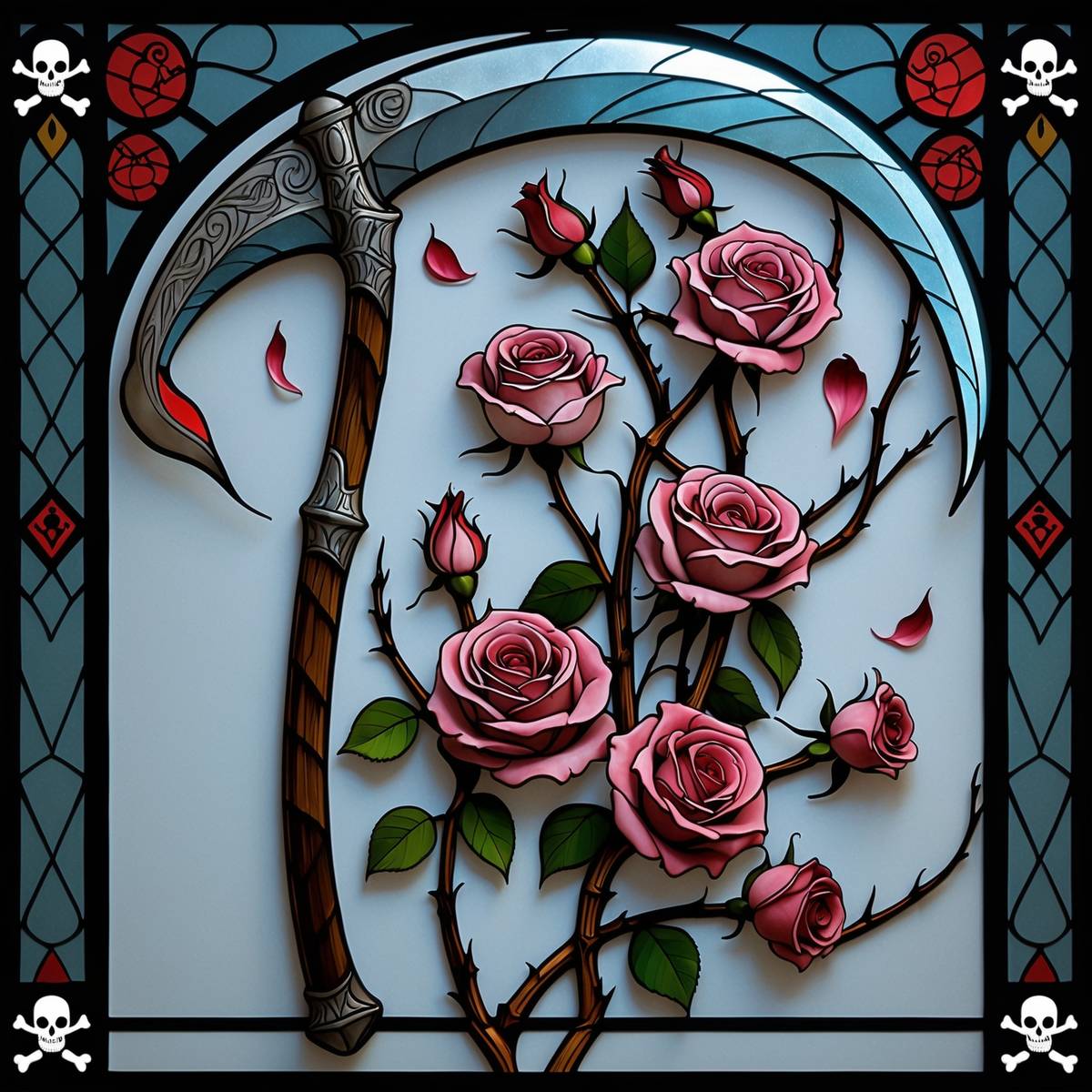 Vanitas illustration of a scythe entwined with roses in a circular gothic frame
