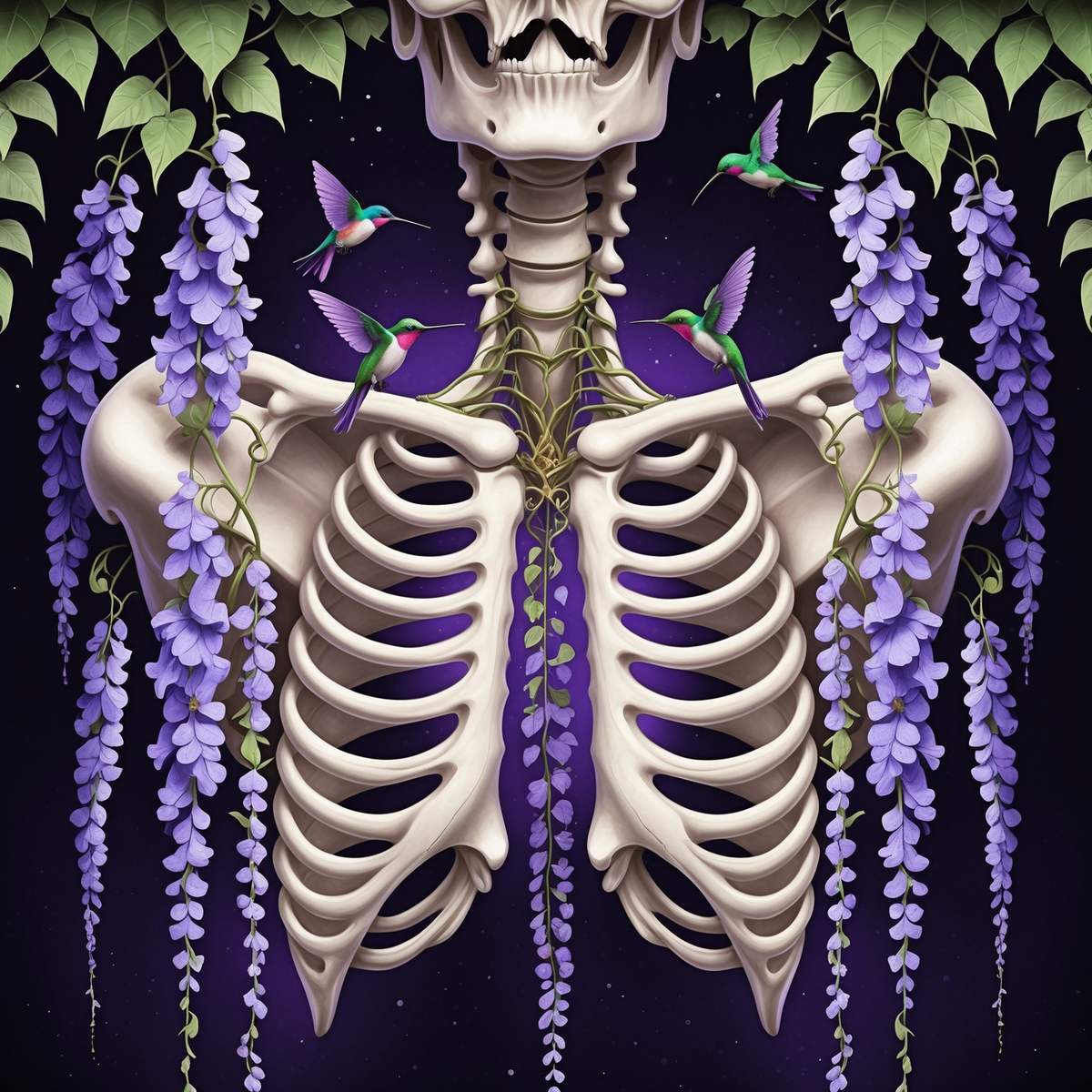 Skeleton ribcage draped with cascading purple wisteria and hummingbirds on a night sky ground