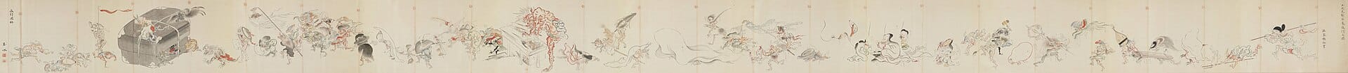Handscroll painting of the Night Parade of One Hundred Demons showing animated household objects marching in procession