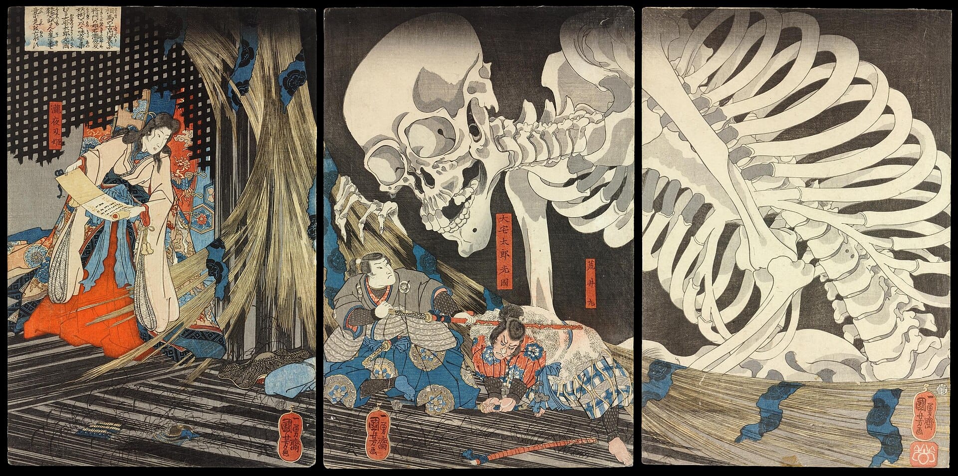 Nineteenth century Japanese woodblock triptych showing a giant skeleton spectre looming over a warrior, summoned by the witch Takiyasha