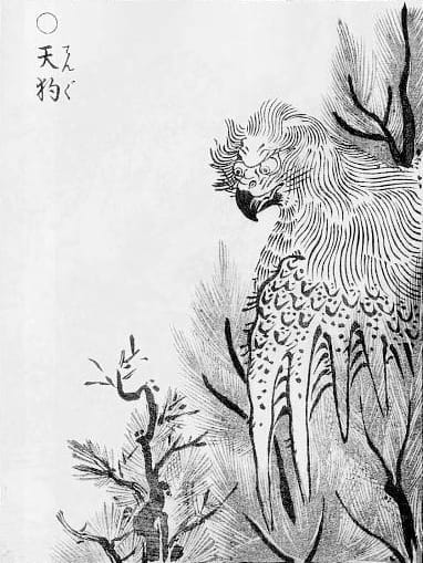 Woodblock print of a tengu mountain spirit with long nose and feathered wings from an 18th century Japanese yokai encyclopedia
