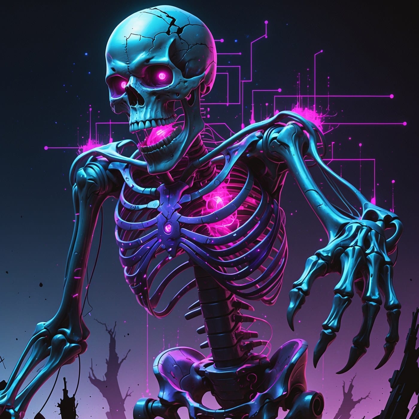 Gashadokuro giant skeleton yokai rendered with circuit-traced bones and cold light, original illustration