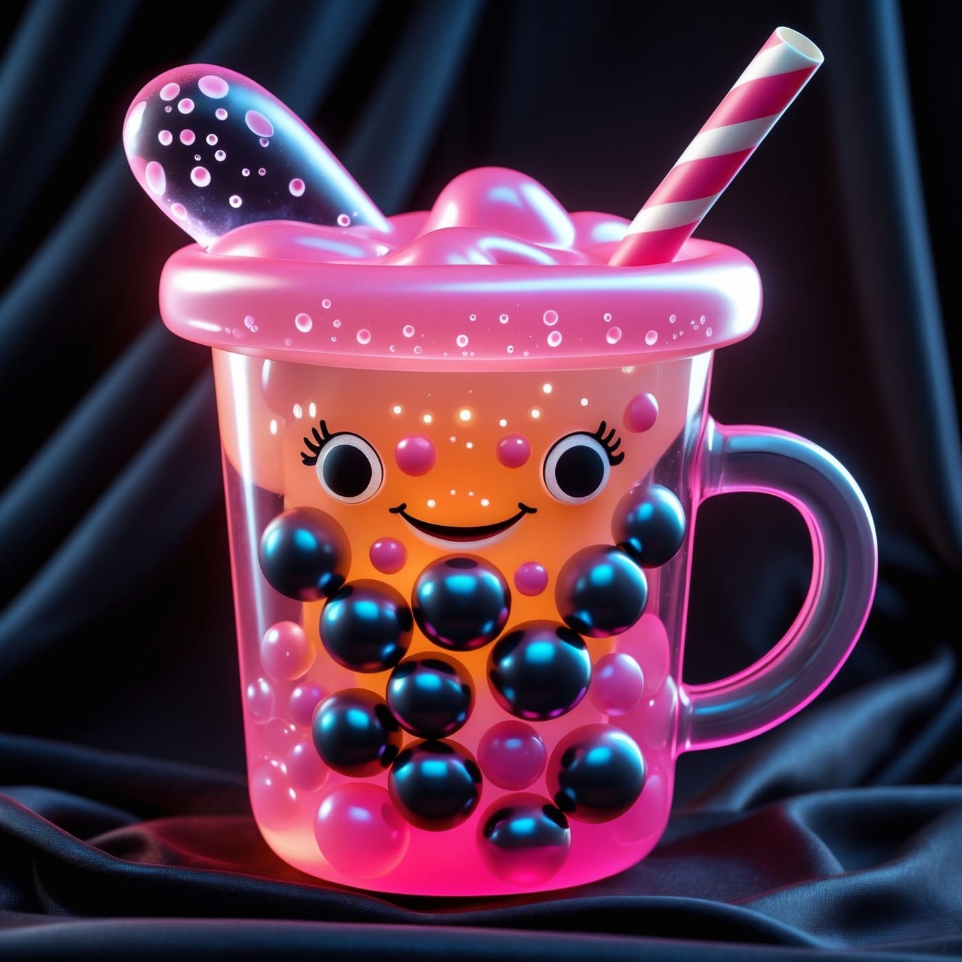 Translucent pink bubble tea cup art toy with dark tapioca pearls suspended inside the body