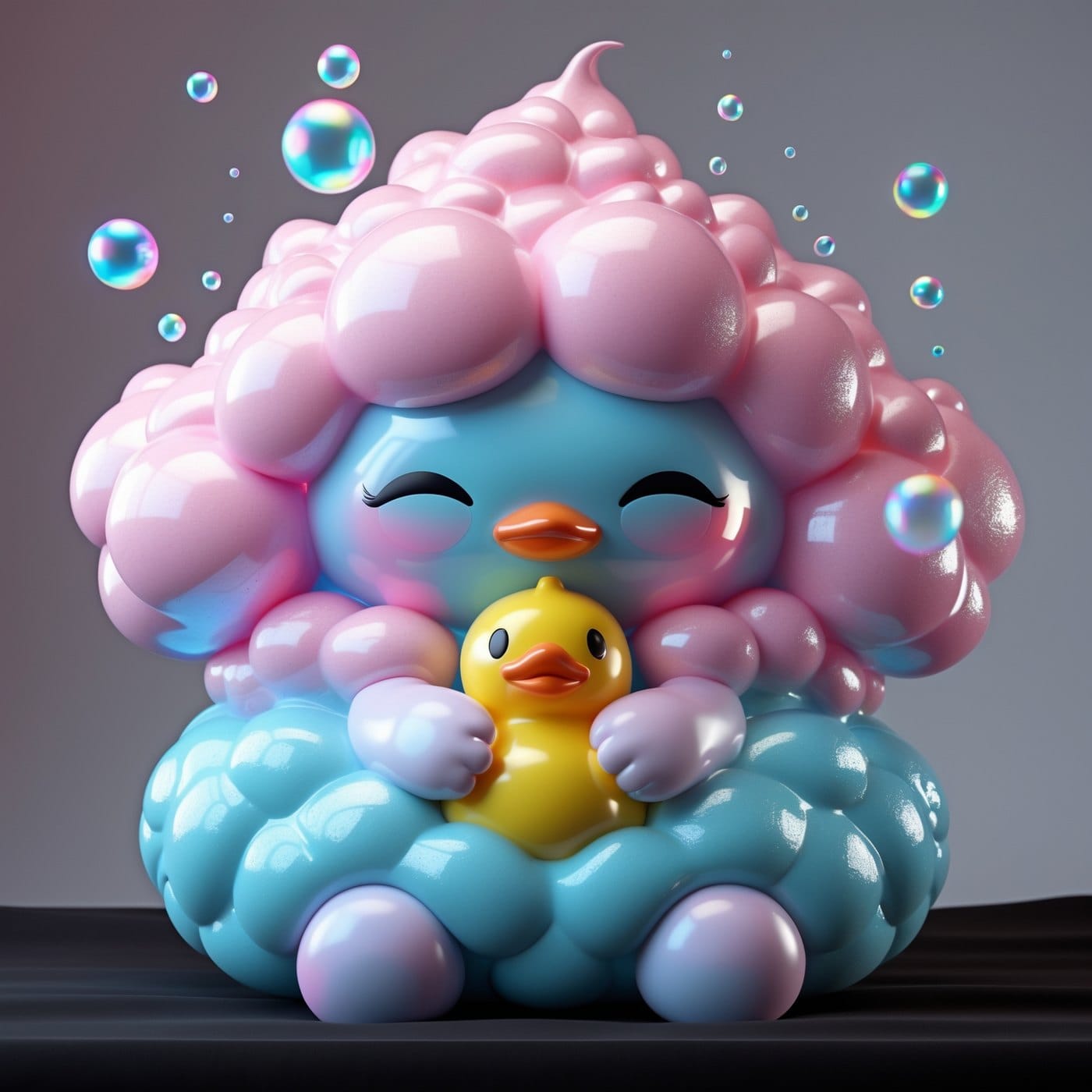 Pastel pink and blue bubble-textured cloud character art toy holding a small yellow rubber duck