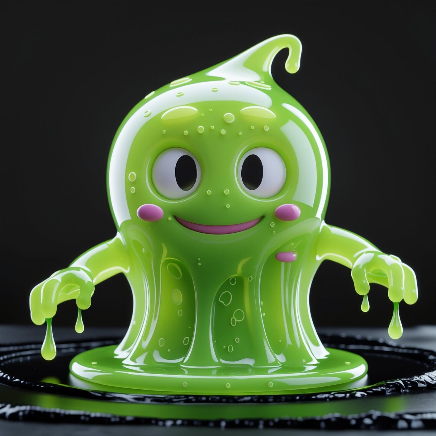 Glossy neon-green slime character art toy with a wet drip forming at its base