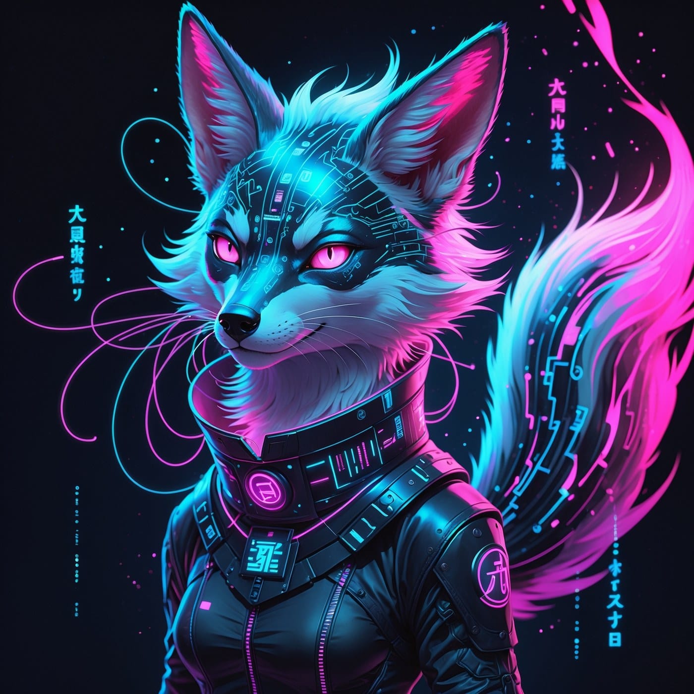 Nine-tailed kitsune fox spirit reimagined with chrome-plated fur, neon cyan circuitry and holographic tails, original illustration