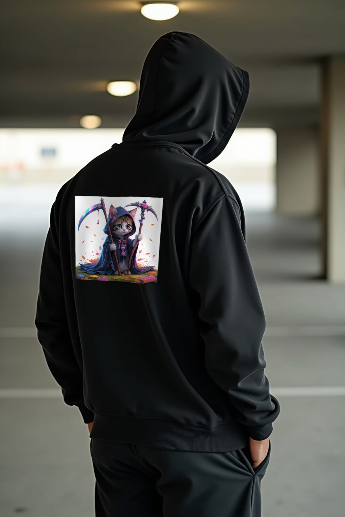 Black premium hoodie with a gothic illustrated back print, worn from a three-quarter rear angle