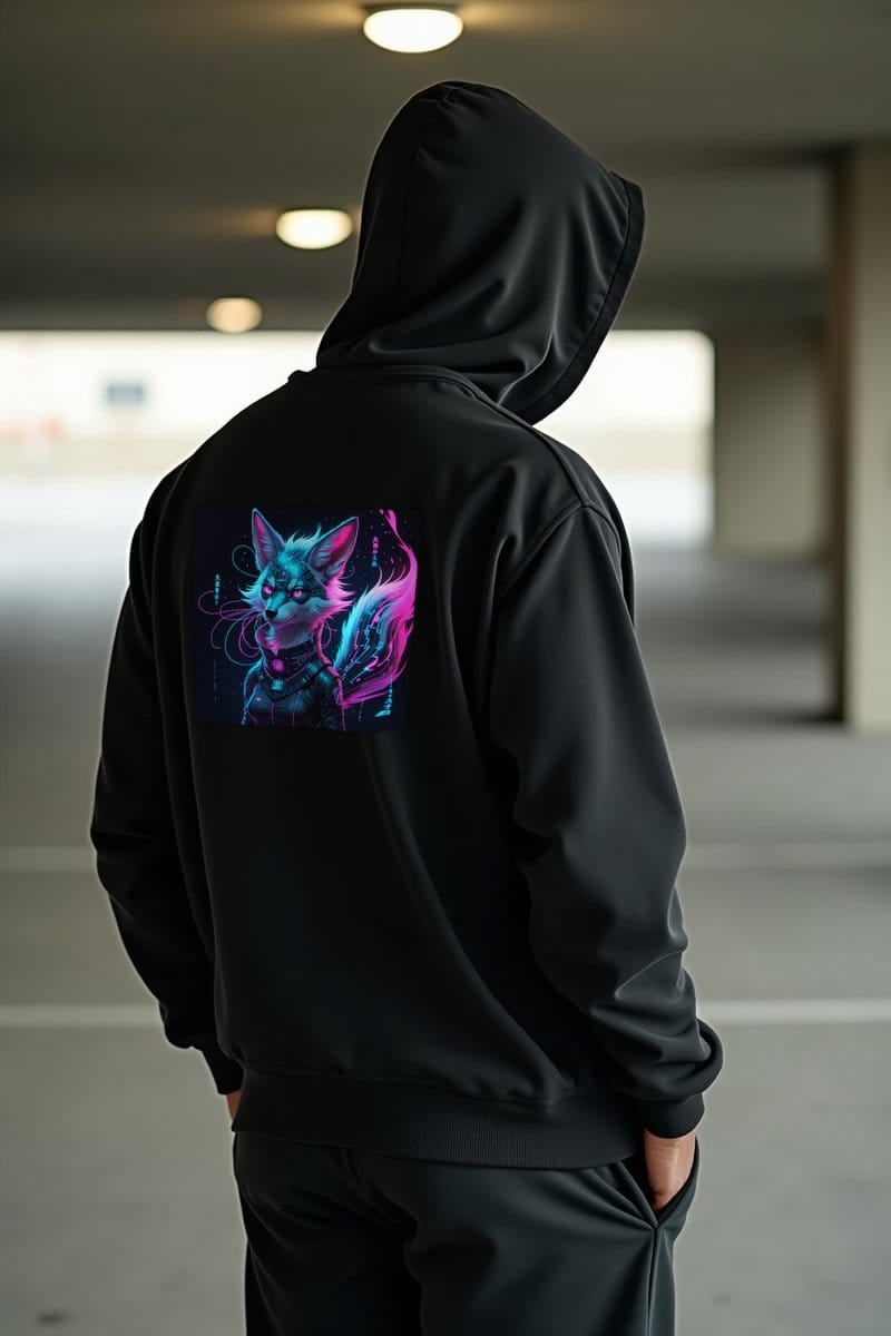 Black premium hoodie featuring a neon kitsune fox spirit back print