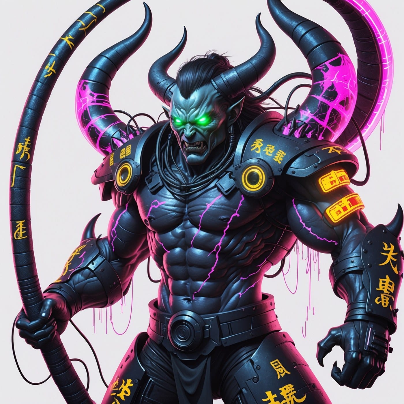 Oni demon reimagined as an armoured figure with translucent horns, carbon-black skin and glowing circuit traces, original illustration
