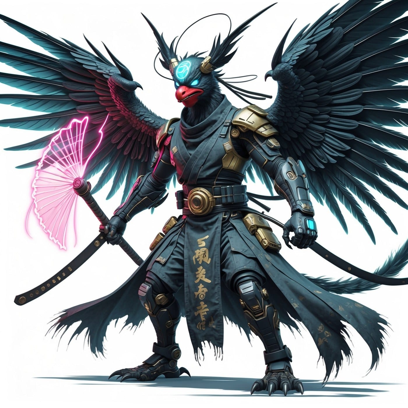 Tengu mountain spirit reimagined with titanium wings, tactical visor and neon edge lighting, original illustration
