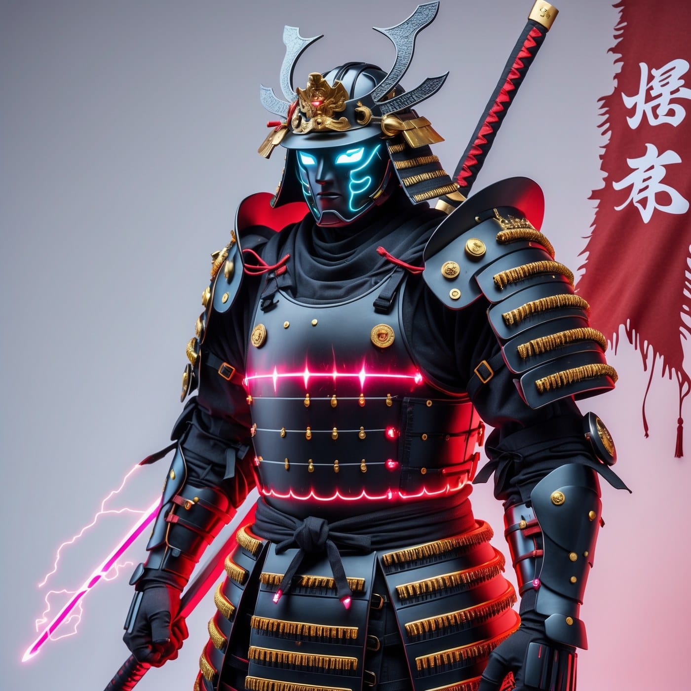 Tsukumogami spirit depicted as empty samurai armour animated by circuitry and light, original illustration