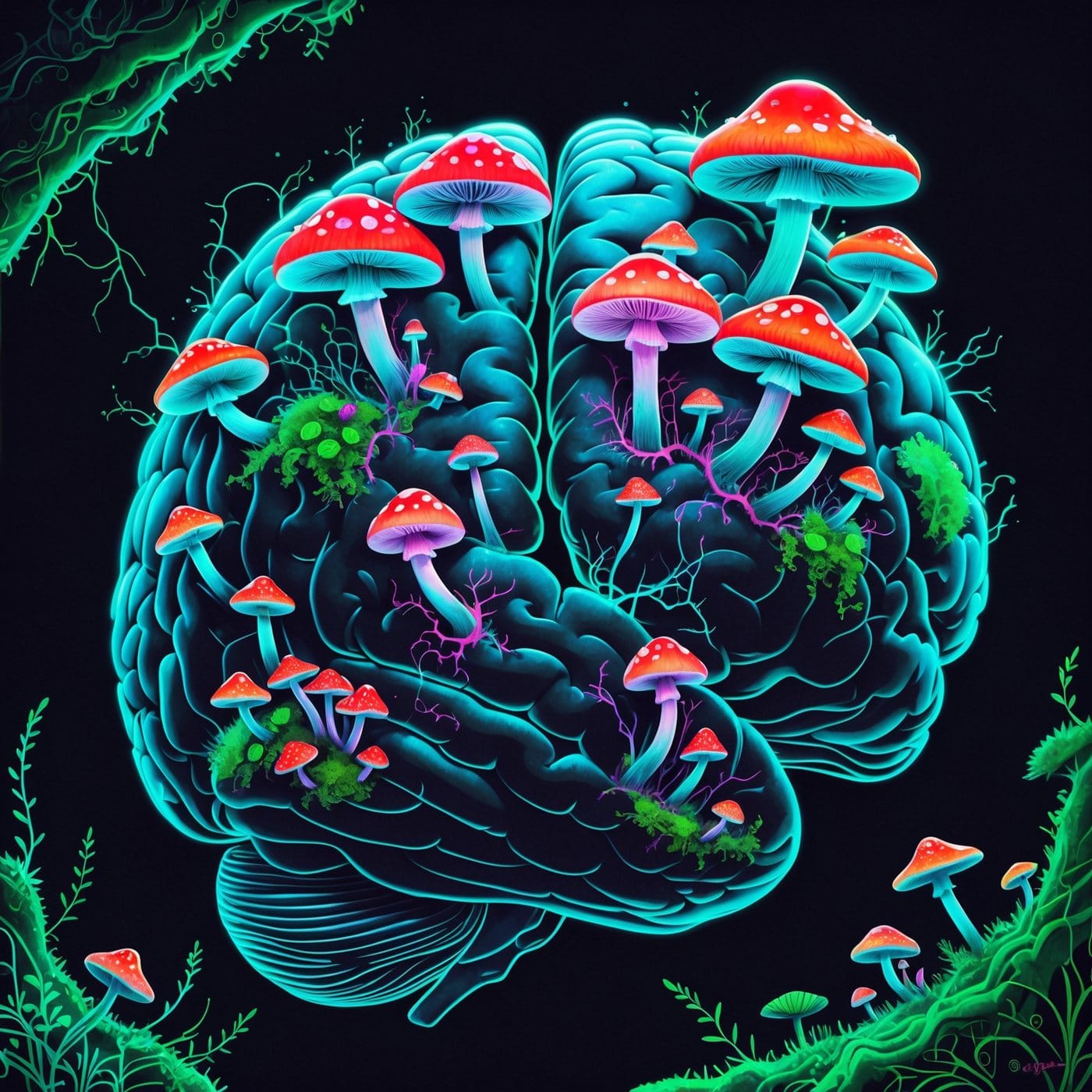Illustration of a human brain rendered in teal with clusters of red-capped mushrooms growing from its surface against a black background